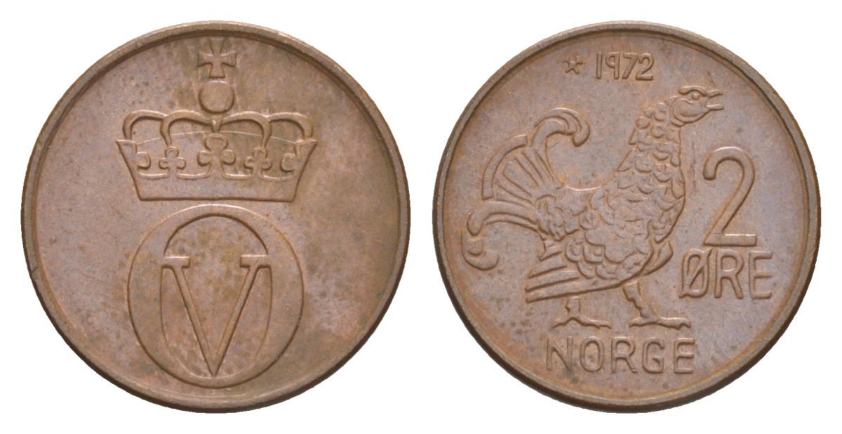 Норвегия 2 эре 1972 Улаф V (1957-1991) KM 410 бронза UNC 4635-351