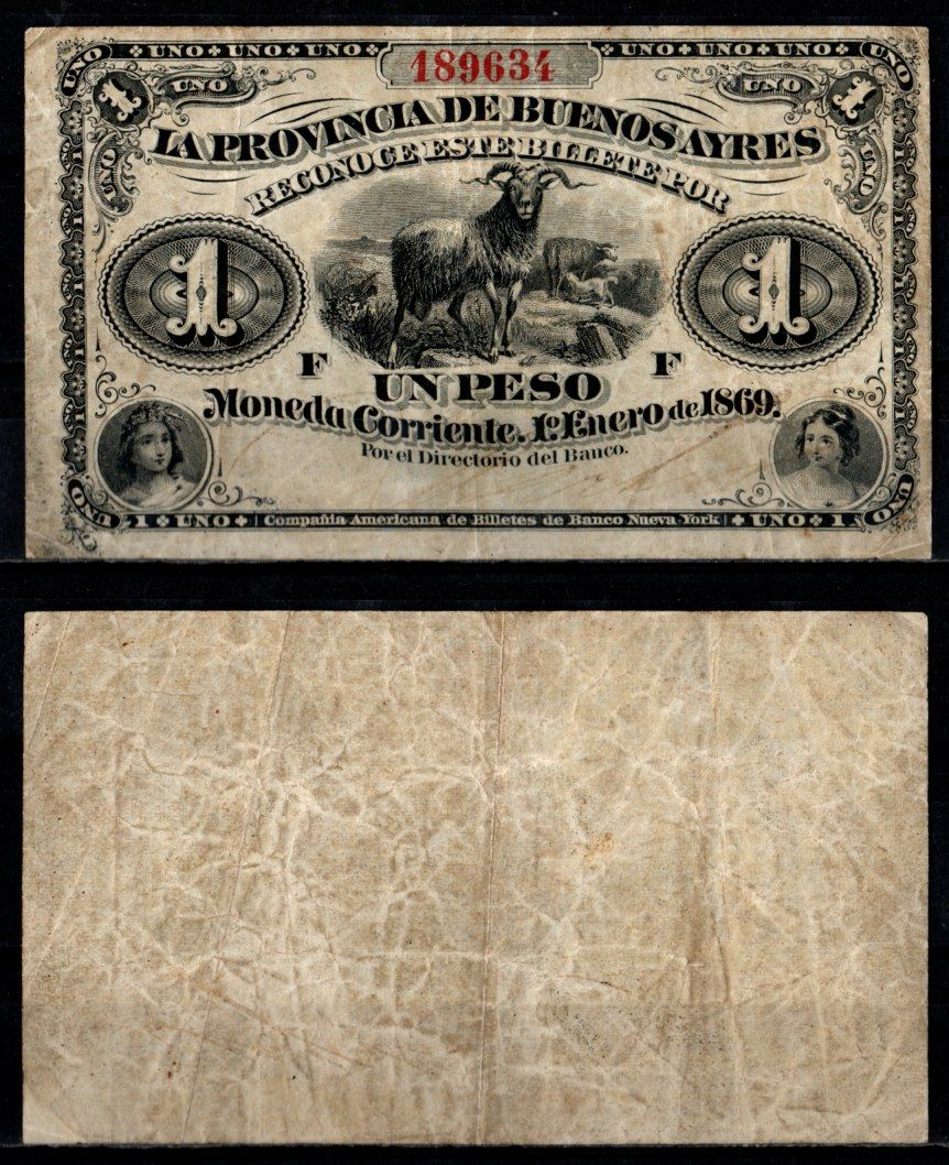 Аргентина, Буэнос-Айрес 1 песо ND (1870-1877) женские портреты, баран Pick S481 бумага 451-1332-3