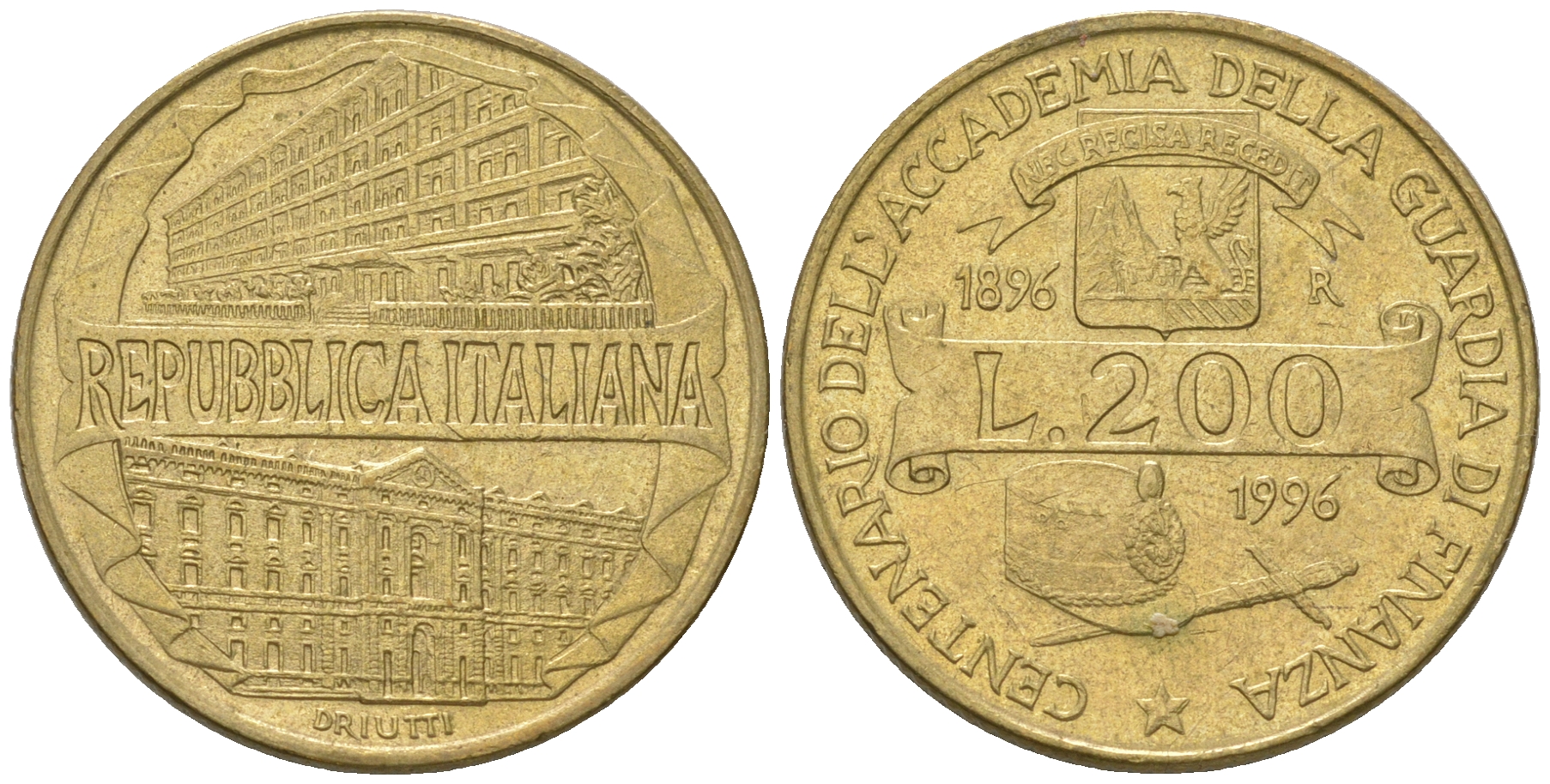 Италия 200 лир 1996 R, 100 лет Академии таможенной службы KM 184 алюминиевая бронза 4641-445