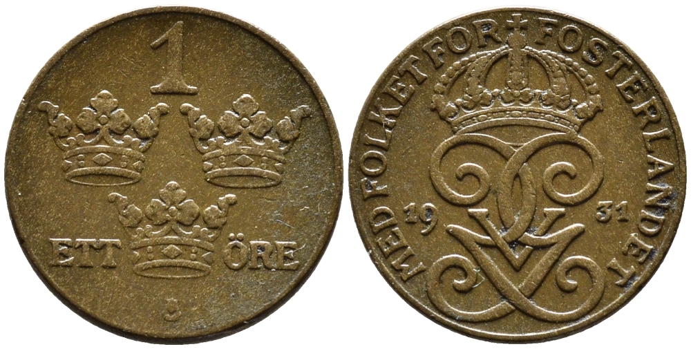 Швеция 1 эре 1931 Густав V (1907-1950) KM 777.2 бронза 4387-1169