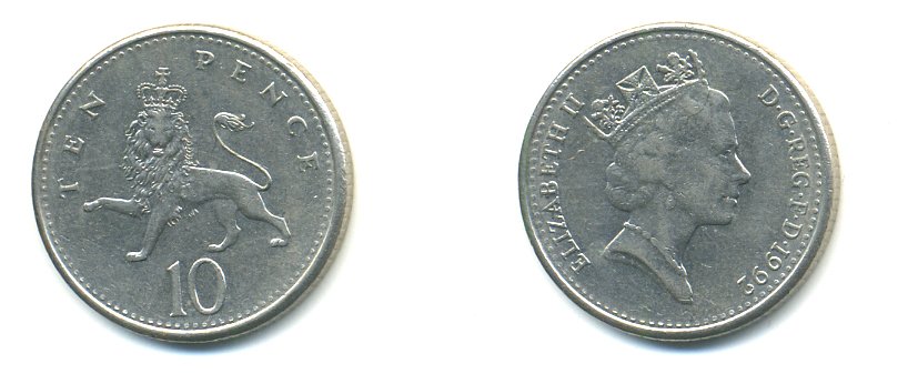 Великобритания 10 пенсов 1992 Елизавета II (1952-2022) KM 938b, Spink 4367 (F4) медно-никель 59-516