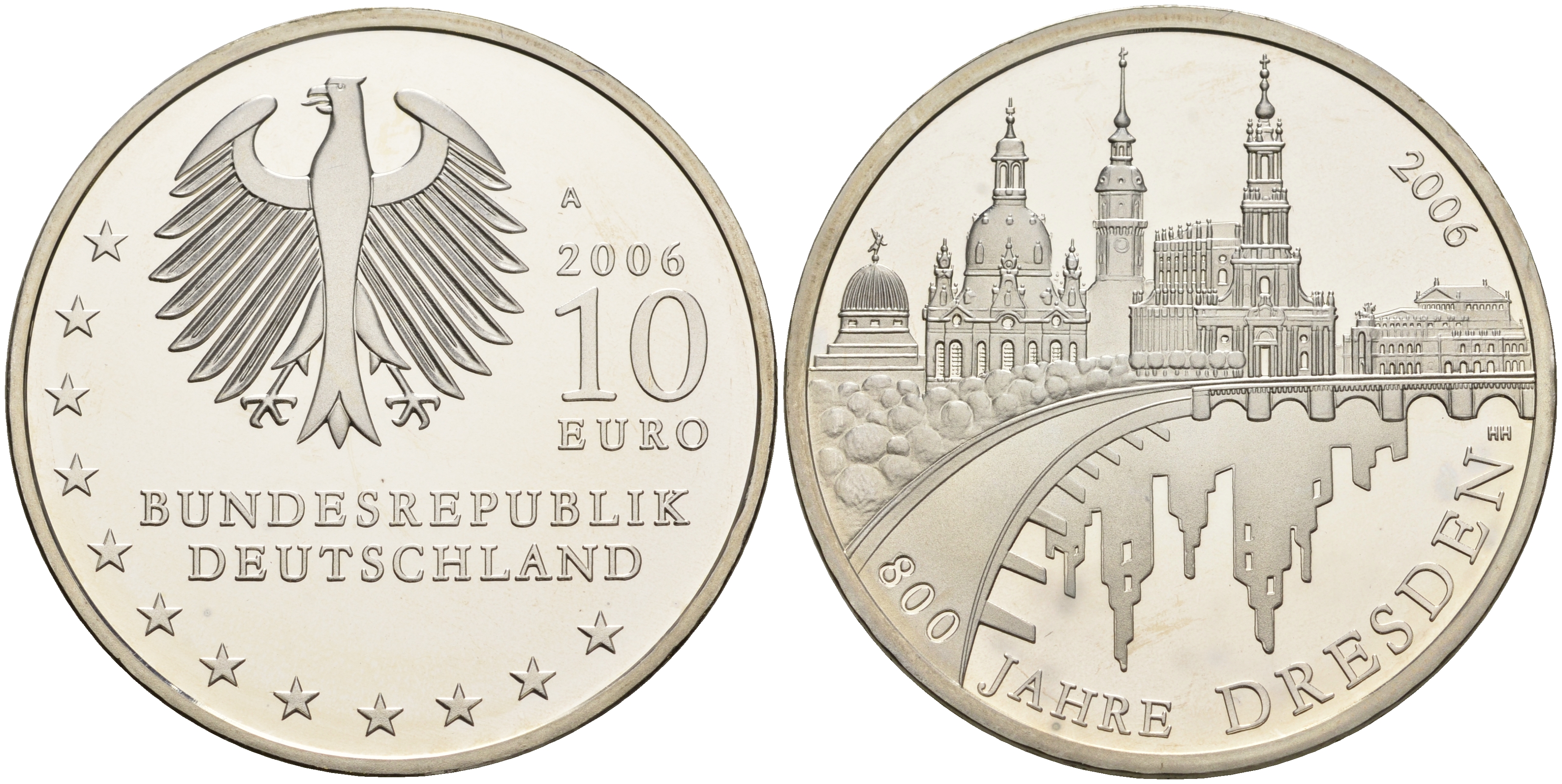 ФРГ 10 евро 2006 А, 800 лет городу Дрездену KM 246, DE.S. 10.27 серебро PROOF 1076-4-15