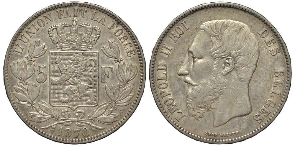 Бельгия 5 франков 1870 Леопольд II (1865-1909) KM 24 серебро 443-223