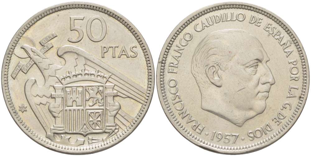 ИСПАНИЯ 50 ПЕСЕТ 1957 (58) ФРАНСИСКО ФРАНКО ДИКТАТОР ИСПАНИИ (1939- 1975) KM 788 медно-никель 4521-331