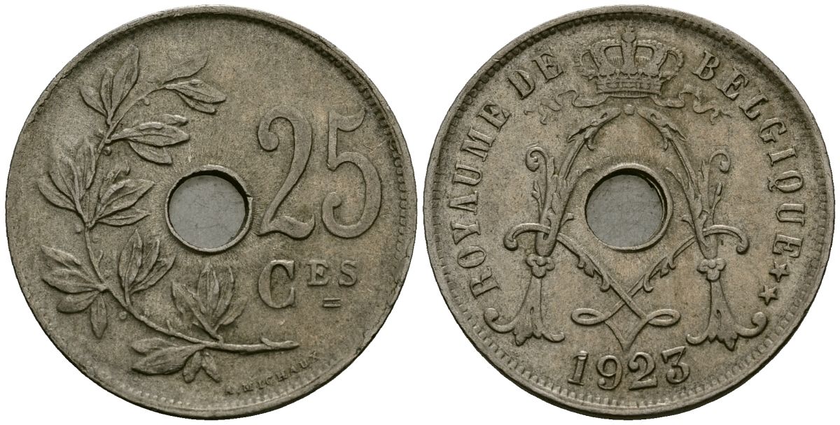 Бельгия 25 сантимов 1923 Belgique KM 68 медно-никель 4165-444