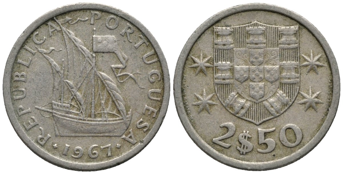Португалия 2,5 эскудо 1967 парусник KM 590 медно-никель 4576-1261