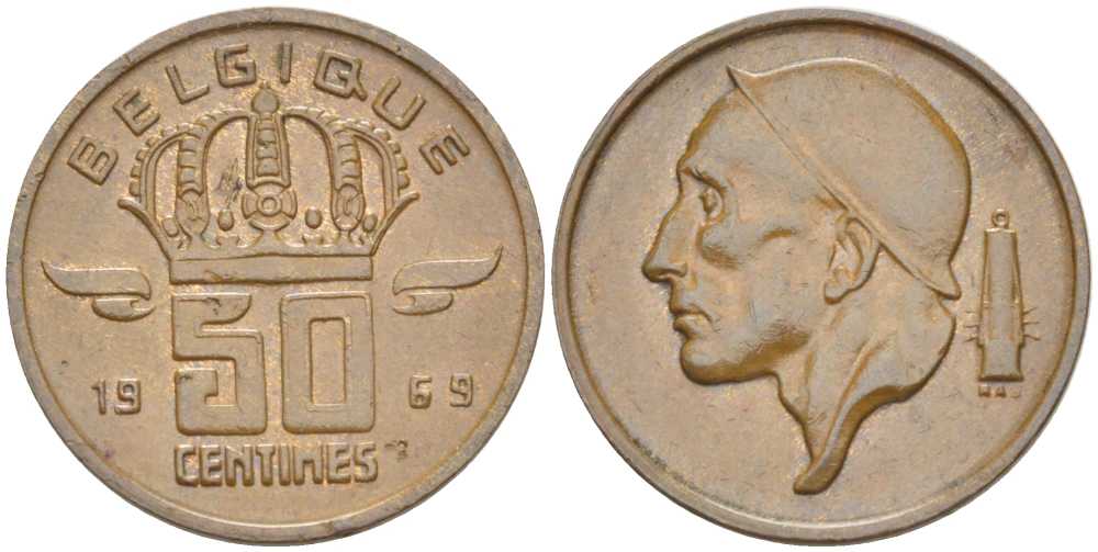 БЕЛЬГИЯ 50 САНТИМОВ 1969 BELGIQUE, БОДУЭН I (1951-1993) KM 148.1 бронза 214-457