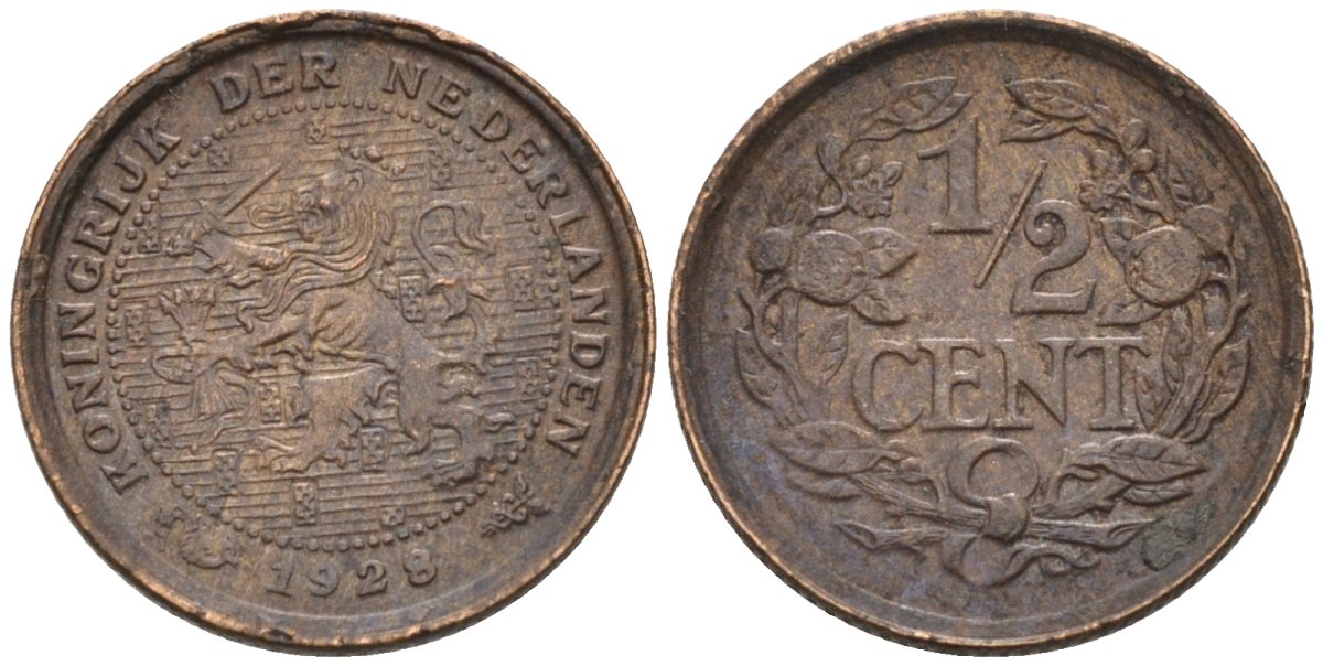 Нидерланды 1/2 цента 1928 Вильгельмина (1890-1948) KM 138 бронза 4576-457