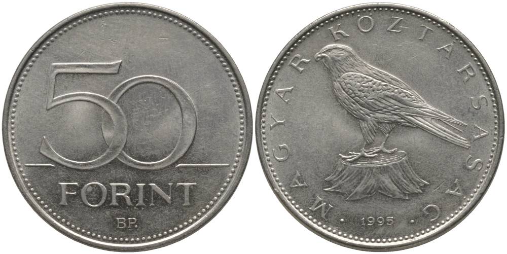 ВЕНГРИЯ 50 ФОРИНТОВ 1995 ПТИЧКА KM 697 латунь плакированная медно-никелем UNC 181-751