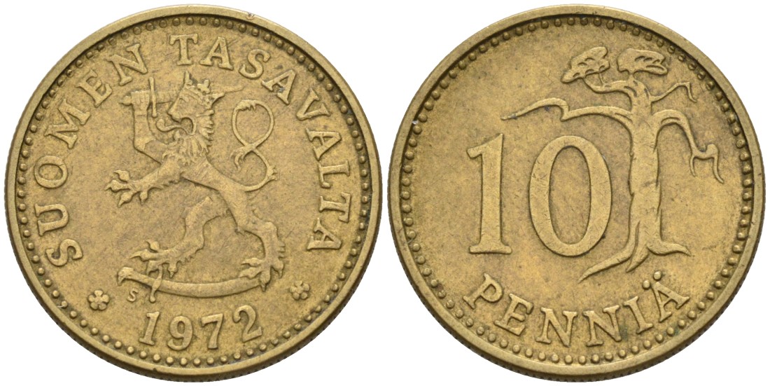 ФИНЛЯНДИЯ 10 ПЕННИ 1972 S KM 46 алюминиевая бронза 192-1036