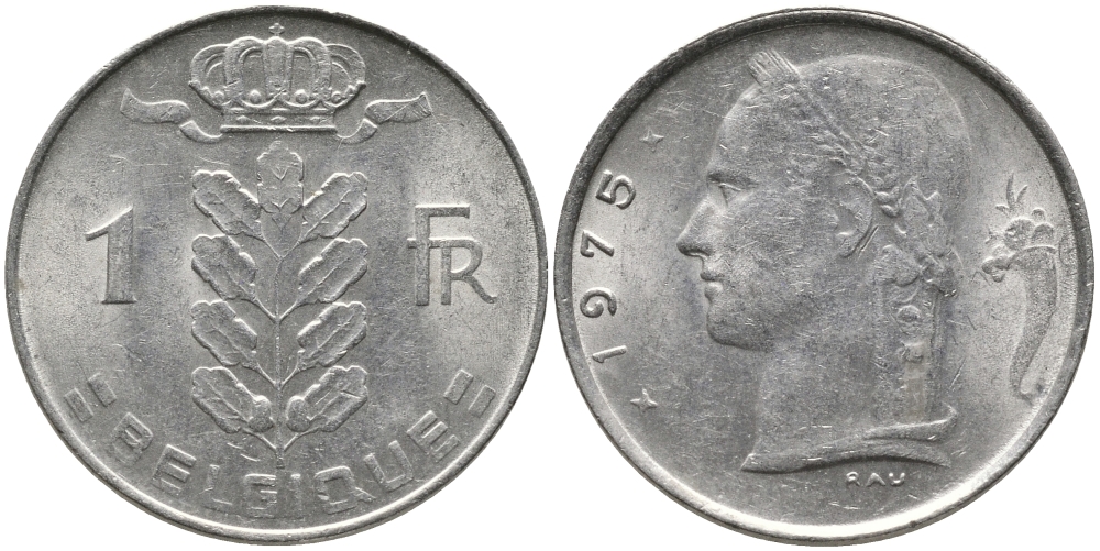 БЕЛЬГИЯ 1 ФРАНК 1975 BELGIQUE KM 142.1 медно-никель 65-1132