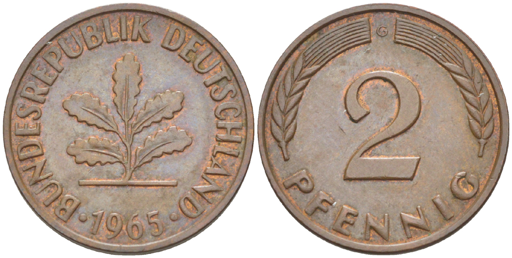 ФРГ 2 ПФЕННИГА 1965 G KM 106, J. 381 бронза 4181-743
