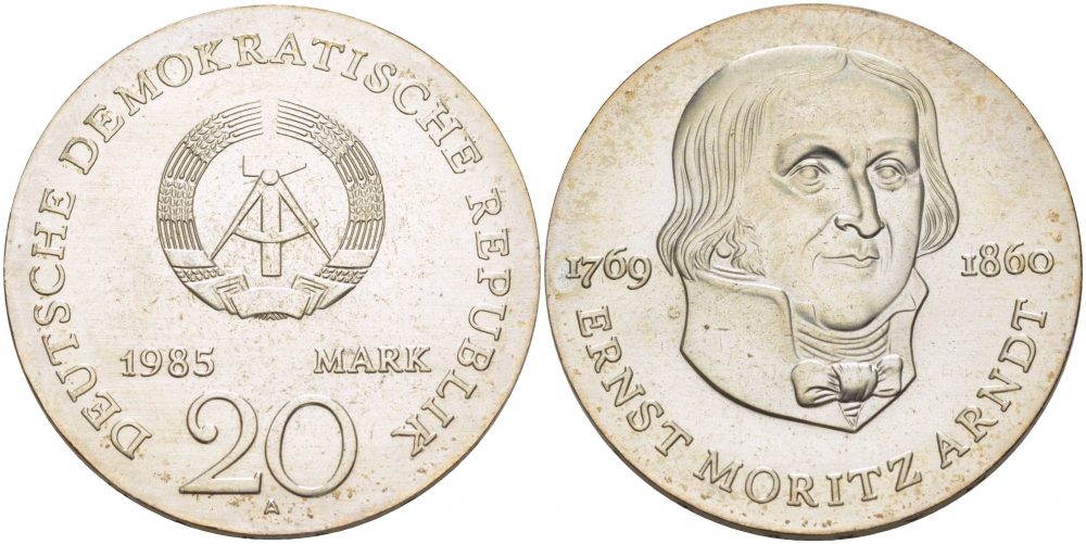 ГДР 20 марок 1985 А, 125 лет со дня смерти Эрнста Морица Арндта (1769-1860) J.1605, KM 105 серебро UNC 00-000-00