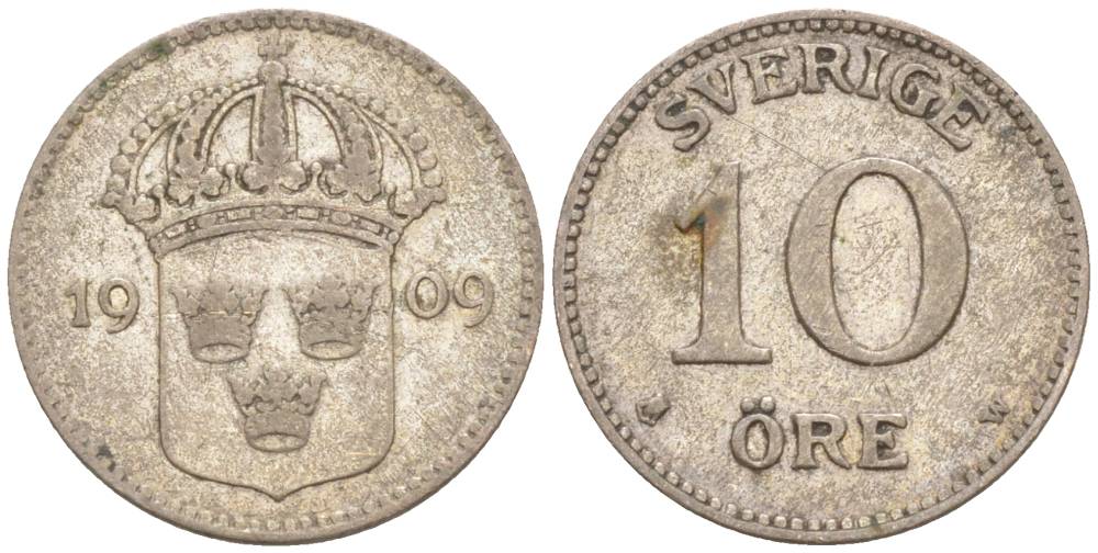 Швеция 10 эре 1909 Густав V (1907-1950) KM 780 серебро 187-256