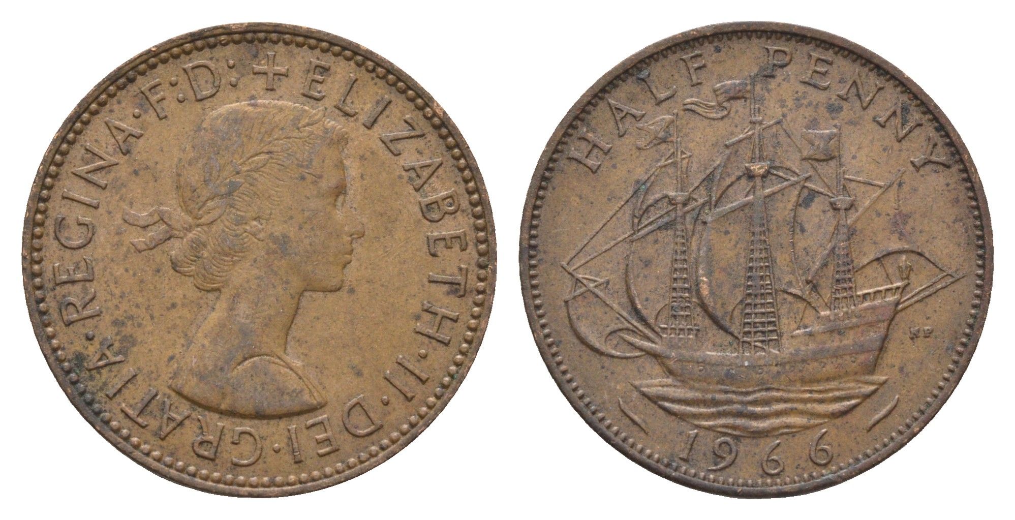 Великобритания 1/2 пенни 1966 Елизавета II (1952-2022) KM 896, Spink 4158 бронза 4663-113