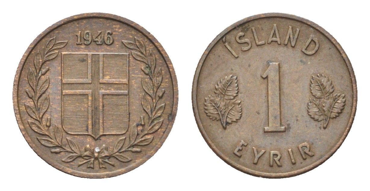Исландия 1 эйре 1946 KM 8 бронза 4705-538