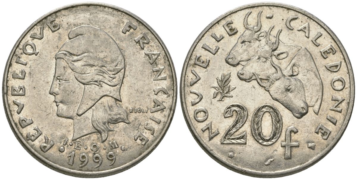 Французская Новая Каледония 20 франков 1999 три быка, (IEOM) KM 12, Schoen 14, Lec 115c никель 81-336