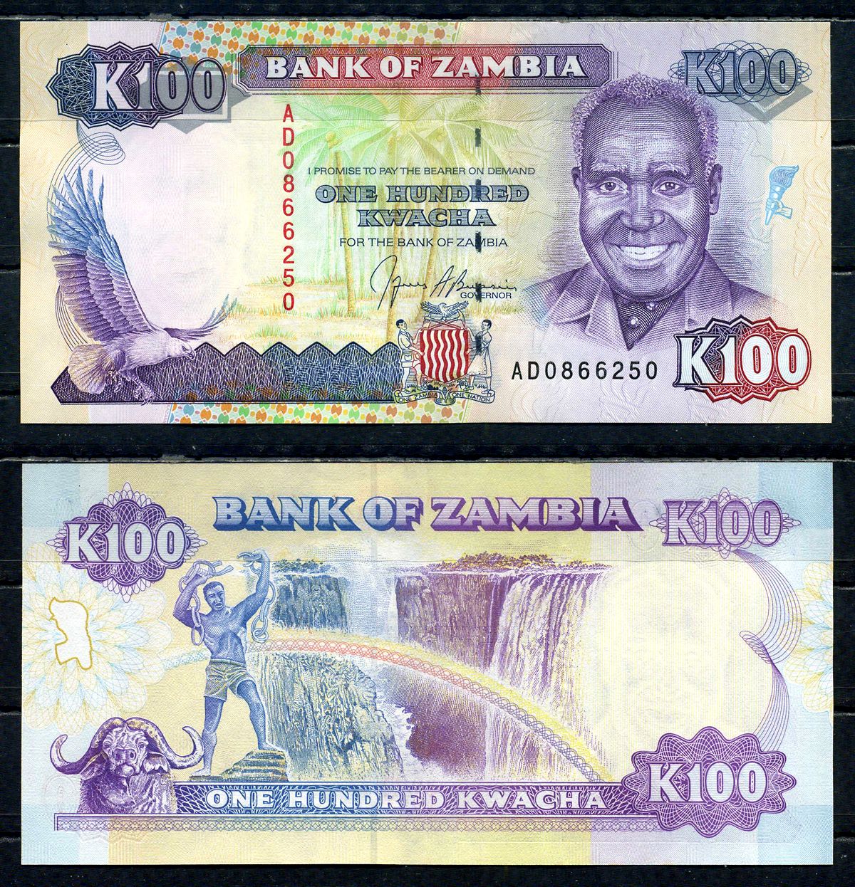 Замбия 100 квач ND (1991) Кеннет Каунда, буйвол, водопад Виктории Pick 34 а бумага UNC (пресс) 6294-15-3-2