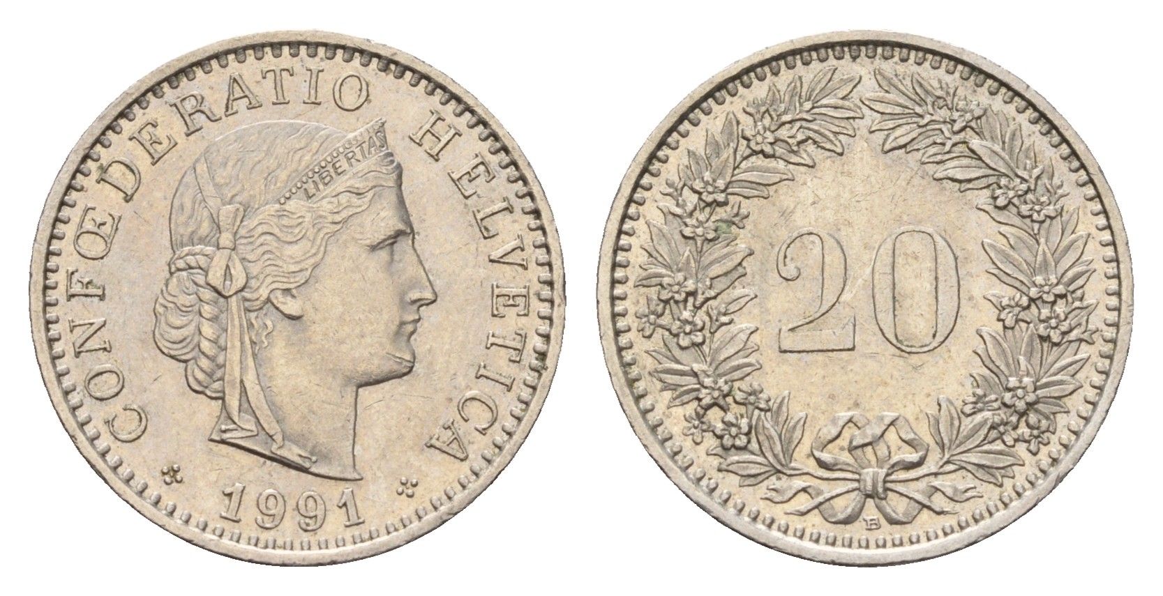 Швейцария 20 раппенов 1991 B KM 29a медно-никель 187-544