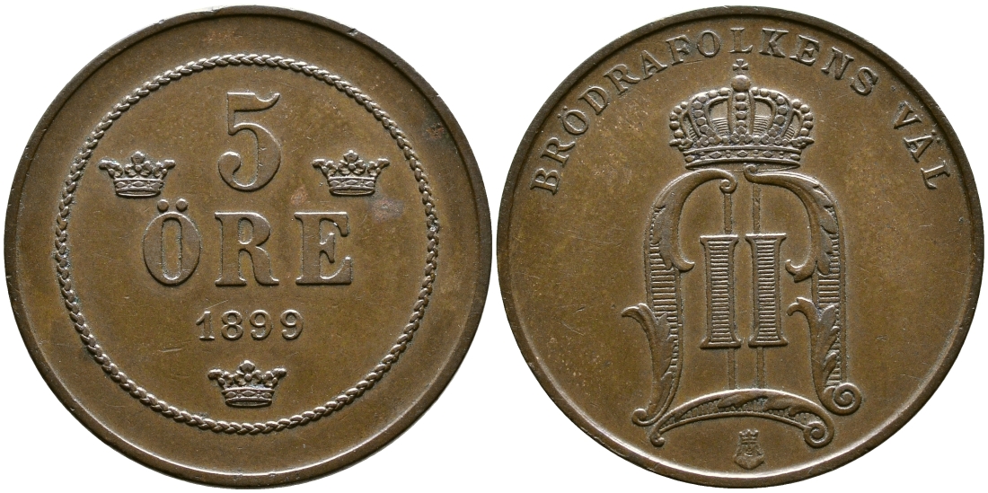 Швеция 5 эре 1899 Оскар II (1872-1907) король Швеции и Норвегии KM 757 бронза 54-1343