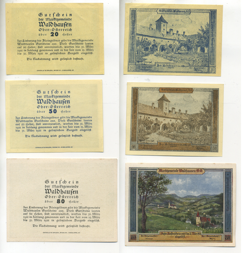 Австрия набор из 3 банкнот 1921 15 марта 1921-31 марта 1921, нотгельд, 20, 50, 80 геллеров, MALDHAUSEN   бумага  XF 7555-12-1-1