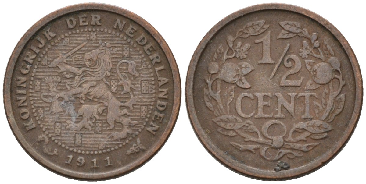 Нидерланды 1/2 цента 1911 Вильгельмина (1890-1948) KM 138 бронза 4576-343