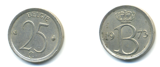 БЕЛЬГИЯ 25 САНТИМОВ 1973 BELGIE KM 154.1 медно-никель 86-1311
