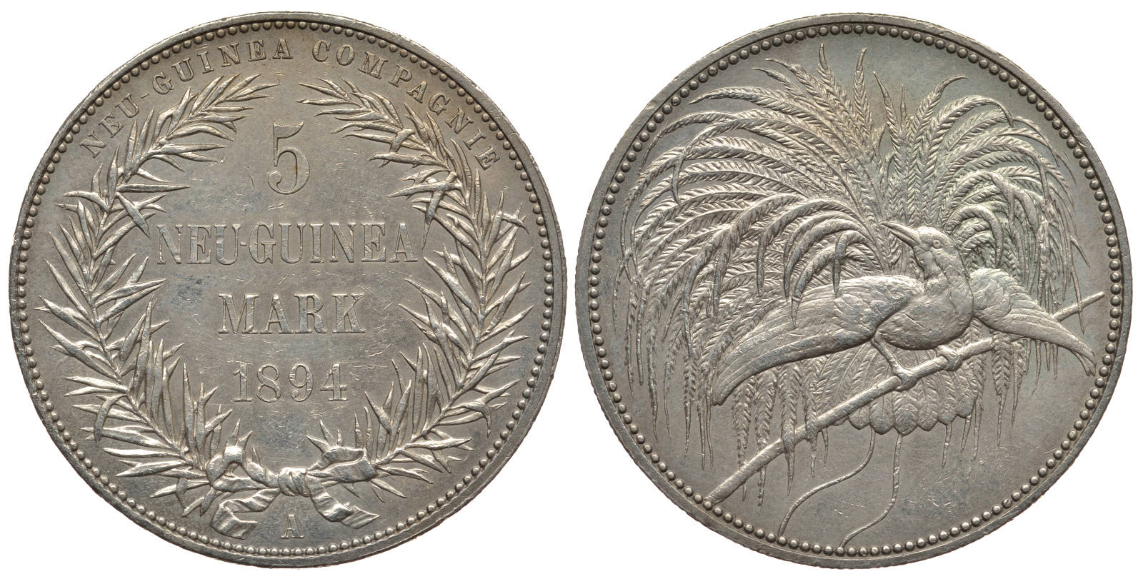 Германская Новая Гвинея 5 марок 1894 А KM 7 серебро 00-000-00