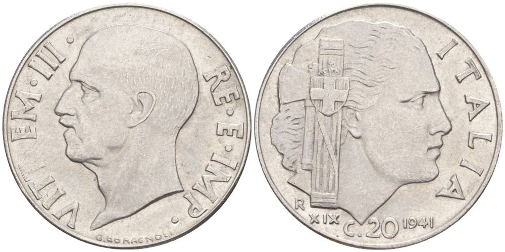 ИТАЛИЯ 20 ЧЕНТЕЗИМО 1941 R, ГОД XIX, ВИКТОР ЭММАНУИЛ III (1900-1946) KM 75b, VEM3. 1028 нержавеющая сталь 3853-1041