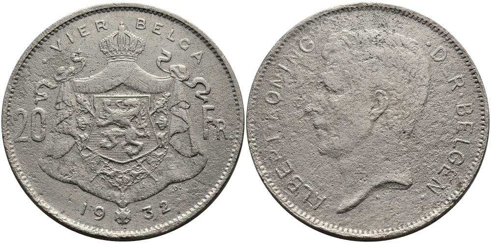 БЕЛЬГИЯ 20 ФРАНКОВ 1932 АЛЬБЕРТ I (1909-1934), BELGEN KM 102 никель 413-3525