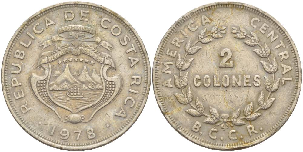 КОСТА-РИКА 2 КОЛОН 1978 B.C.C.R. KM 187.2 медно-никель 4545-912