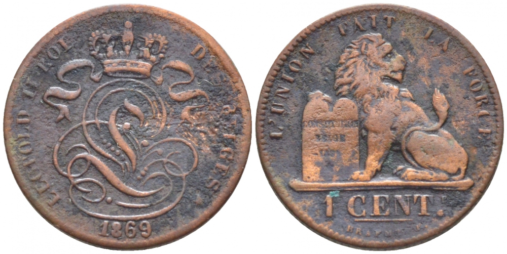 БЕЛЬГИЯ 1 САНТИМ 1869 BELGES KM 33.1 медь 105-918