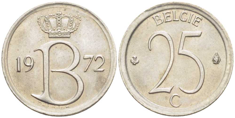 БЕЛЬГИЯ 25 САНТИМОВ 1972 BELGIE, БОДУЭН I (1951-1993) KM 154.1 медно-никель 214-152