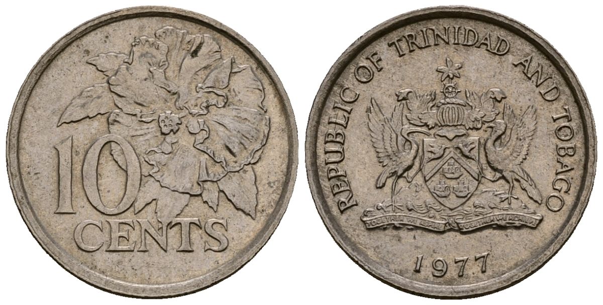 Тринидад и Тобаго 10 центов 1977 цветок гибискуса KM 31 медно-никель 4173-664