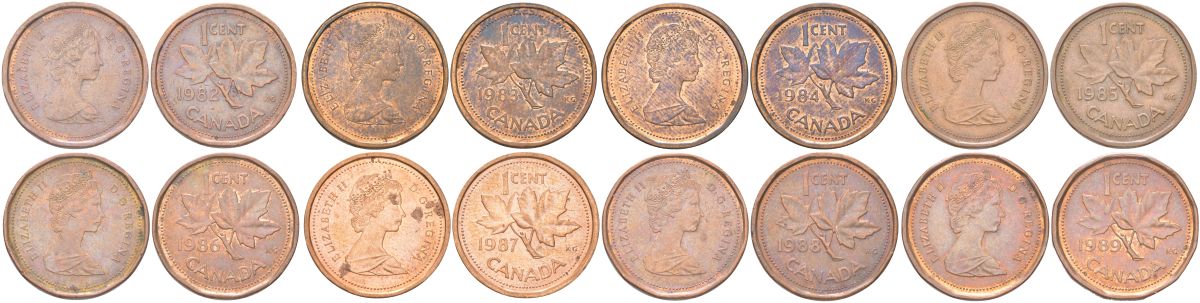 Канада полный набор выпуска из 8 монет (1 цент) 1982-1989 Елизавета II, кленовый лист KM 132 бронза 4614-111-118