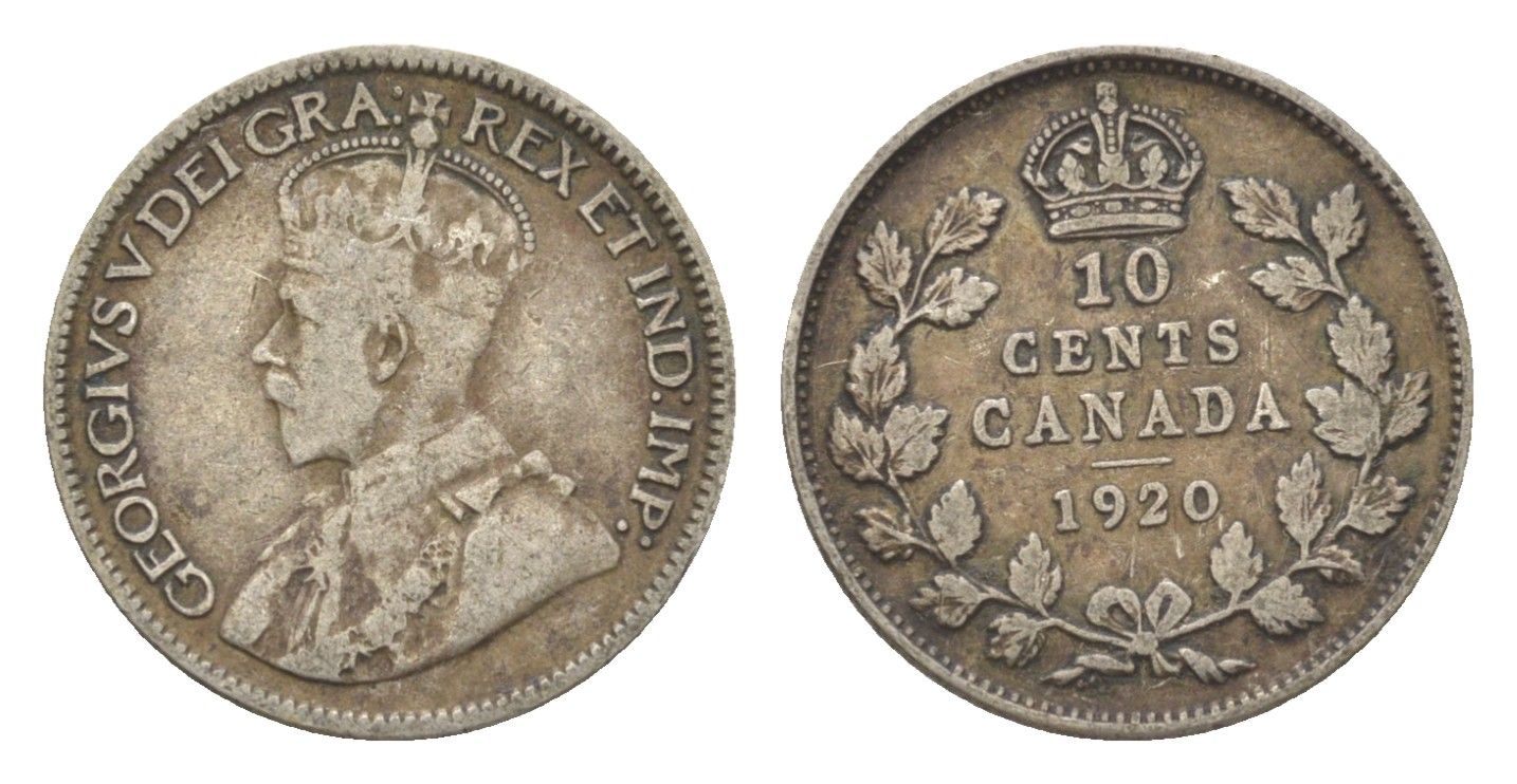 Канада 10 центов 1920 Георг V (1910-1936) KM 23a серебро 4623-856