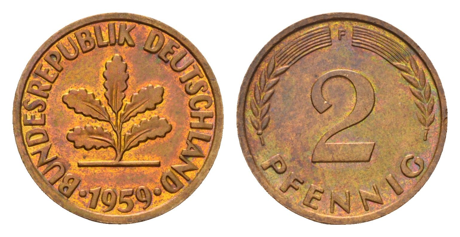 ФРГ 2 пфеннига 1959 F KM 106, J. 381 бронза UNC 4682-1056
