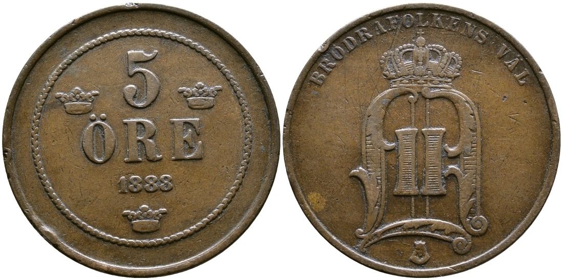 Швеция 5 эре 1888 Оскар II (1872-1907) король Швеции и Норвегии, малые цифры года KM 736 бронза 53-611