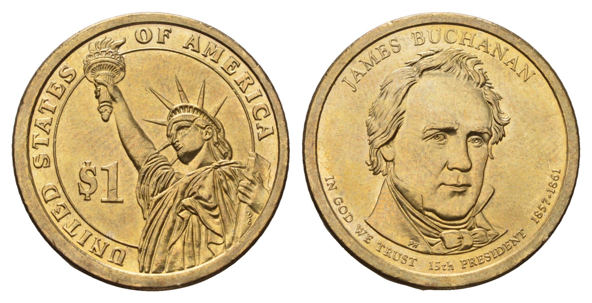США 1 доллар 2010 P, Президент США - Джеймс Бьюкенен (1857-1861) KM 477 медь с марганцево-латунным покрытием UNC 4698-932