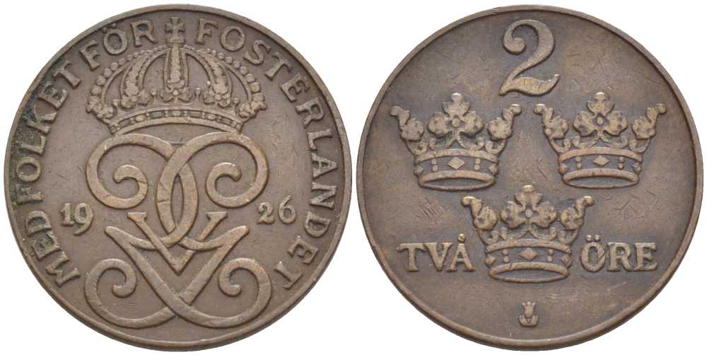 Швеция 2 эре 1926 Густав V (1907-1950) KM 778 бронза 119-1014