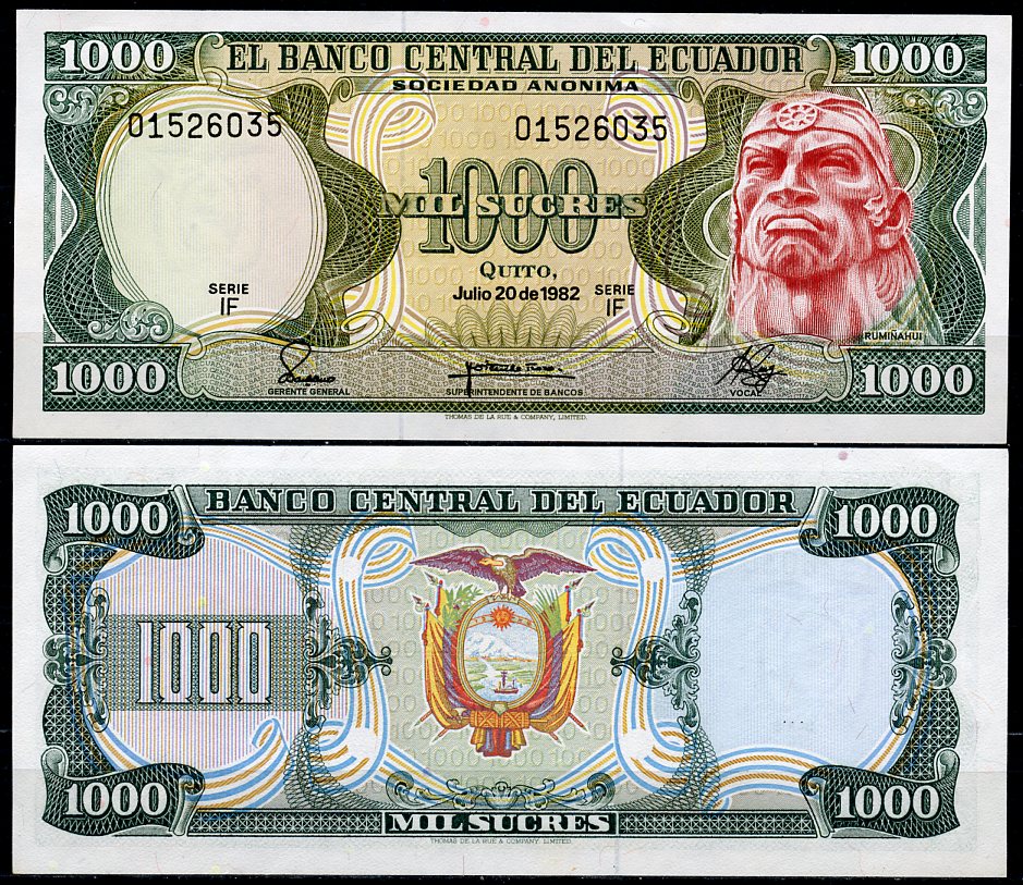 Эквадор 1000 сукре 1982 Руминьяви, серия IF Pick 120 b (1982 (5))  бумага  UNC (пресс) 447-126-1