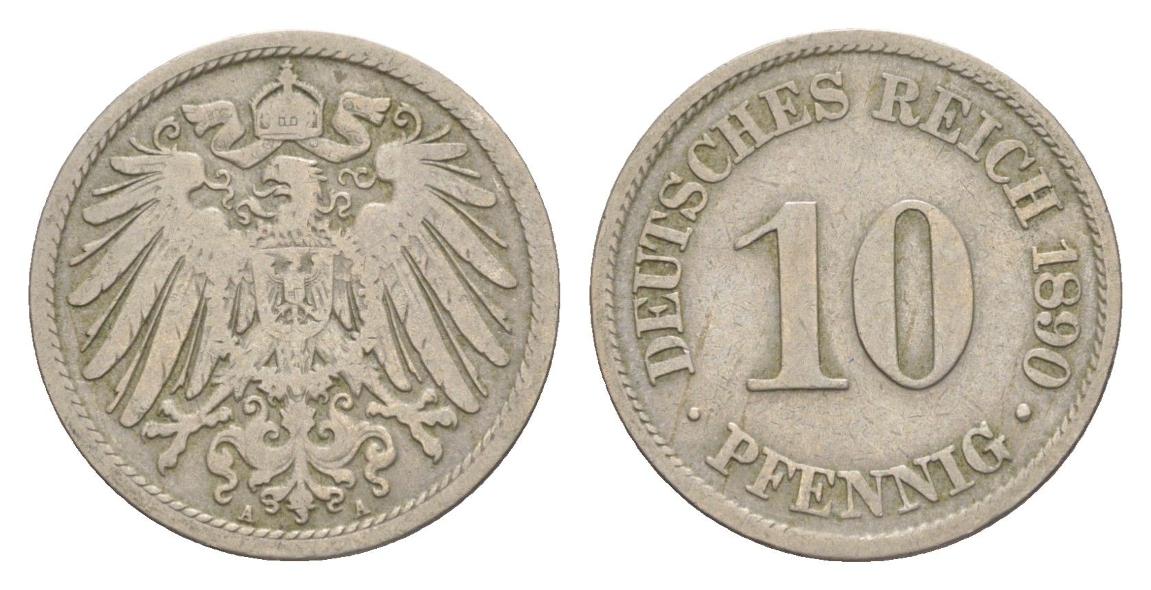 Германия 10 пфеннигов 1890 A, Вильгельм II (1888-1918) KM 12, J. 13 медно-никель 4640-225