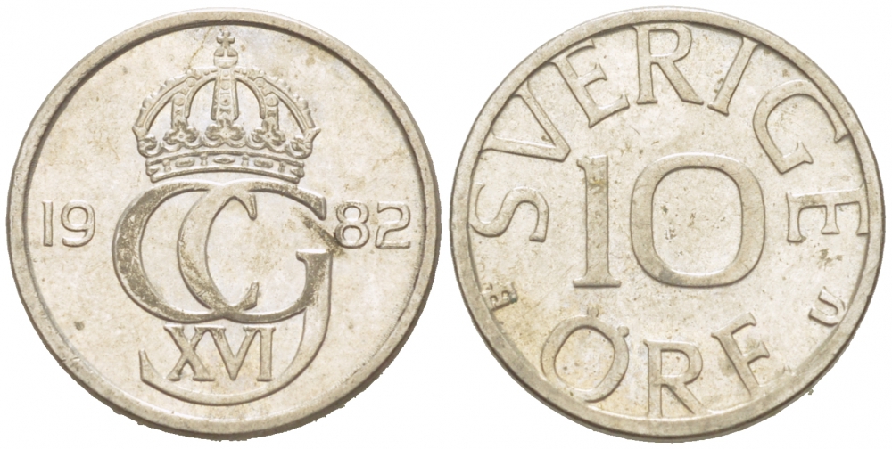 Швеция 10 эре 1982 U, Карл XVI Густав (1973- ) KM 850 медно-никель 3955-347