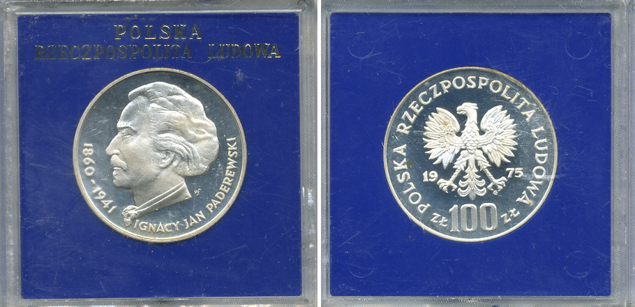 Польша 100 злотых 1975 MW, Игнаций Ян Падеревский (1860-1941), в оригинальной пластиковой упаковке KM 77, Parchimowicz 273 серебро PROOF 1069-1-31