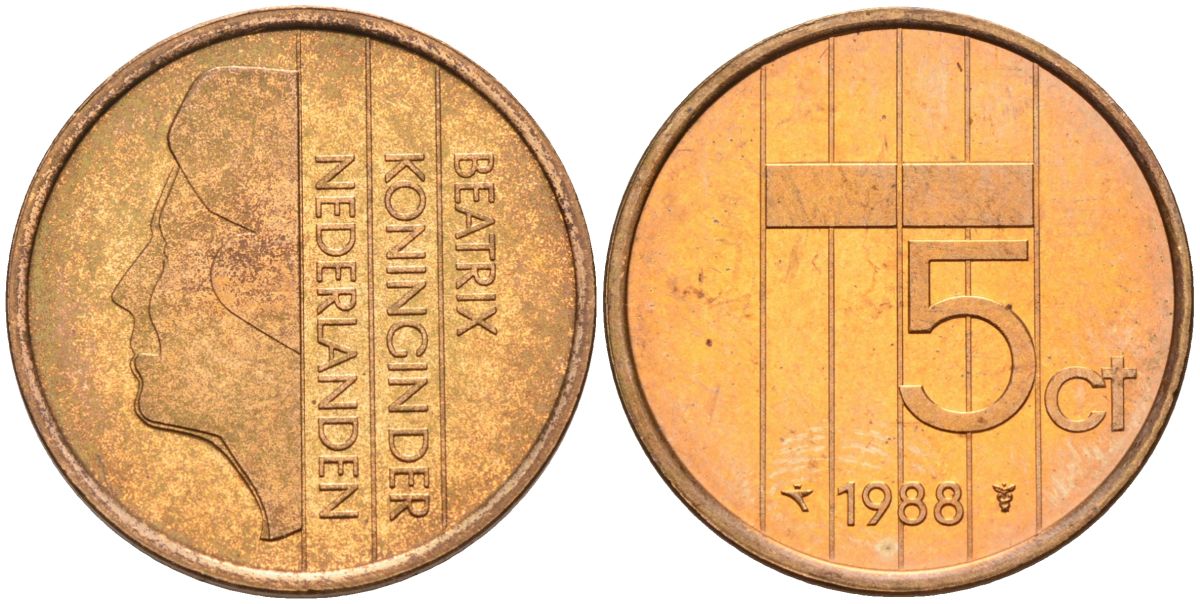 Нидерланды 5 центов 1988 Беатрикс (1980-2013) KM 202 бронза UNC 4116-244