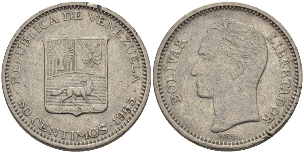 Венесуэла 50 сентимо 1965 Симон Боливар KM 41, Schon 51 никель 66-936
