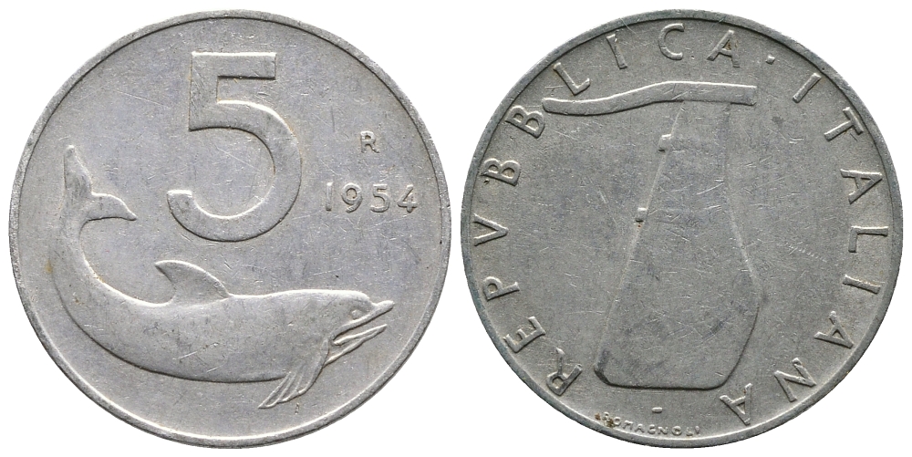 ИТАЛИЯ 5 ЛИР 1954 R, РУЛЬ, ДЕЛЬФИН KM 92 алюминий 83-1827
