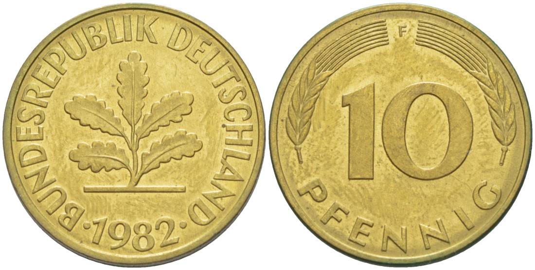 ФРГ 10 ПФЕННИГОВ 1982 F KM 108, J. 383 сталь плакированная латунью 219-542