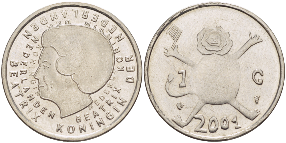 Нидерланды 1 гульден 2001 прощай гульден, детский рисунок, лев с флагом в руках KM 233 никель 86-1611