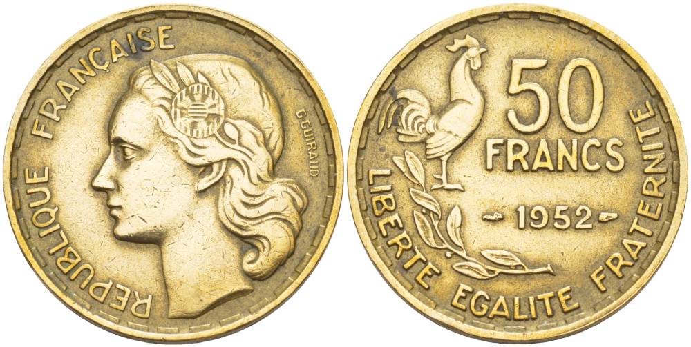 ФРАНЦИЯ 50 ФРАНКОВ 1952 ПЕТУХ KM 918.1, LE FRANC 425.8 алюминиевая бронза 4545-931